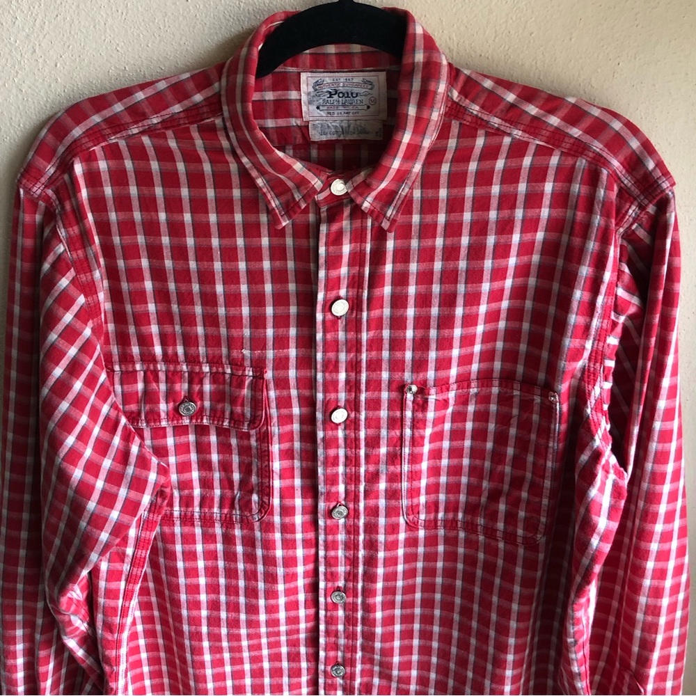 Vintage 80's Polo Ralph Lauren Authentic Dungarees Red Plaid Shirt. Size Medium - Picture 13 of 16
